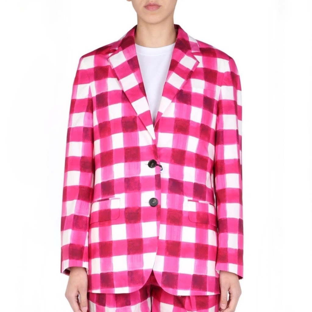 Msgm Milano Gingham Brushed Checked Printed Blazer Oversized Cotton Pink Size 12
